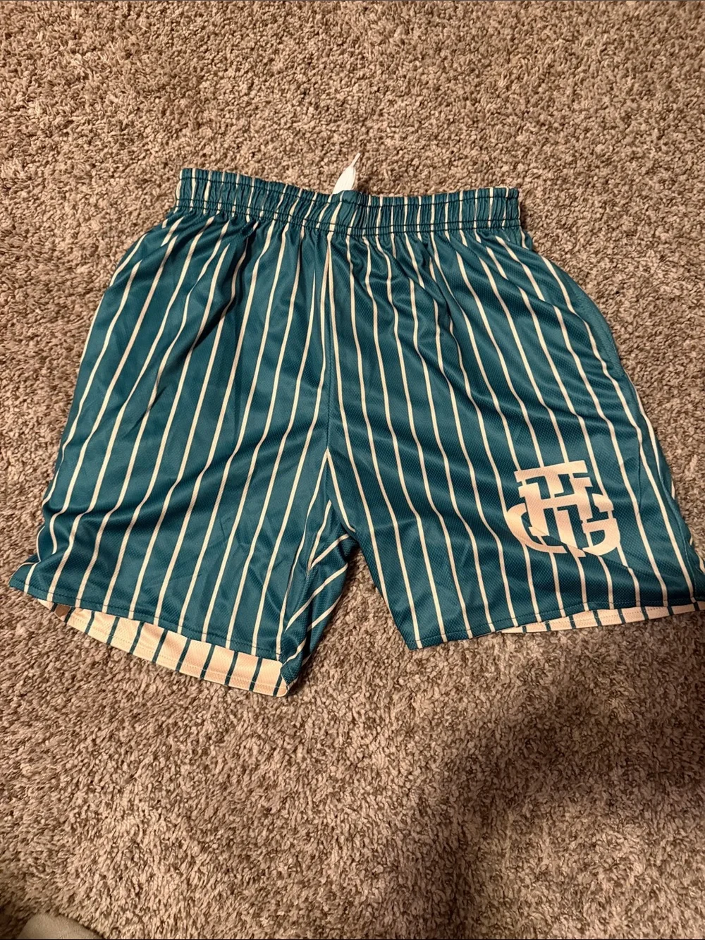 Men's Beige Pinstripe Athletic Shorts with reversible green